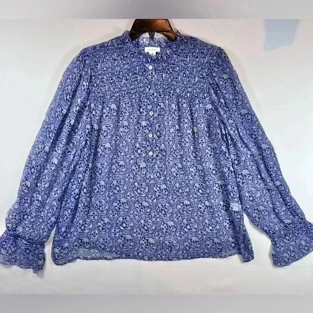Sundance Arabesque Chiffon top Iris floral smocked size Medium long sleeved